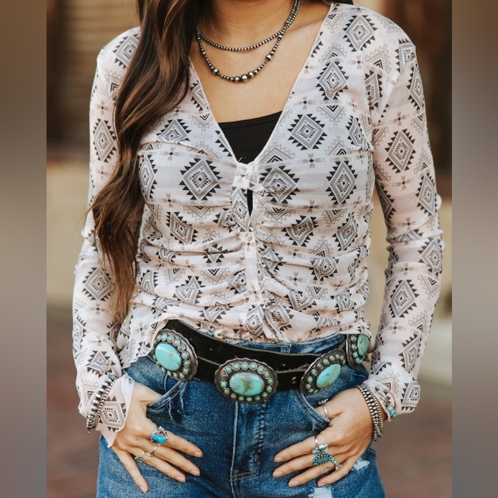 NWT Cream Blush Aztec Mesh Button Down Top